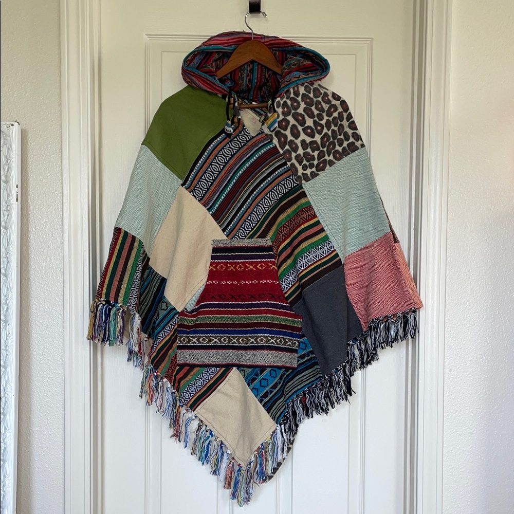 Peruvian Patchwork Hooded Poncho W/ Kangaroo Pock… - image 1